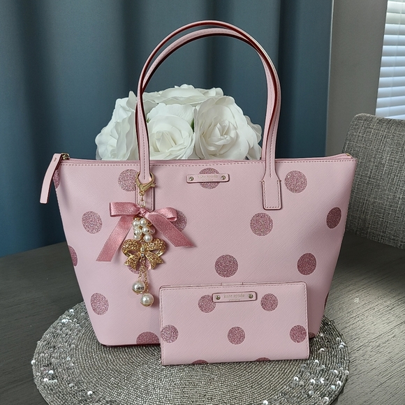 kate spade Handbags - NWOT -  Kate Spade - Hani, Haven Lane Glitter Pink Polka Dot Tote & Wallet.